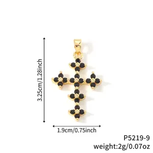 Macro view of gold-plated cross pendant with black zirconia, showing dimensions.