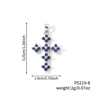 Silver-plated cross pendant with blue cubic zirconia stones and product dimensions