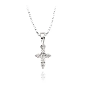 Elegant silver cross pendant necklace with sparkling white crystals on a fine box chain