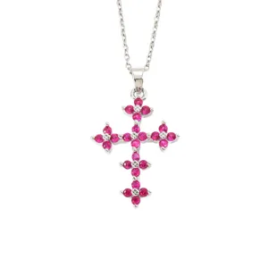 Elegant silver-toned necklace featuring a stunning sparkling pink zircon cross pendant