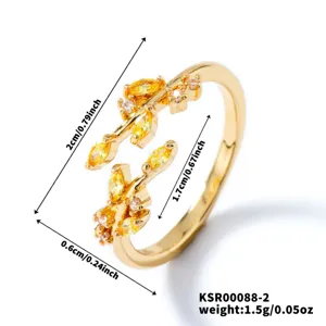 Gold plated cubic zirconia leaf open ring detail view showing precise dimensions and weight info.