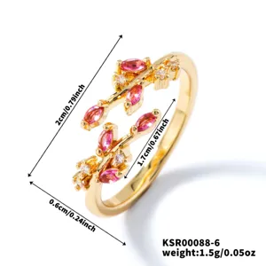 Exquisite gold-plated leaf open ring featuring sparkling pink marquise and white zircon stones.