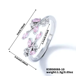 Silver plated open ring featuring sparkling pink zircon marquise stones in leaf design.