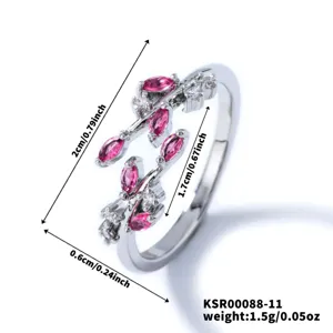 Close-up detail of the pink cubic zirconia leaf ring, showing delicate branch design and size.