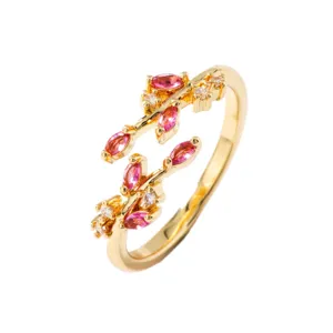 Gold plated open ring featuring pink marquise cubic zirconia crystal leaf branches for women.