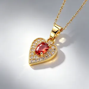 Macro view of gold heart pendant necklace featuring an oval red gemstone and pavé stones