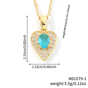 Detailed size and weight specifications for gold heart pendant necklace with blue crystal