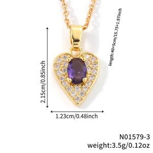 Heart-shaped purple crystal necklace with detailed dimensions and 3.5g weight info