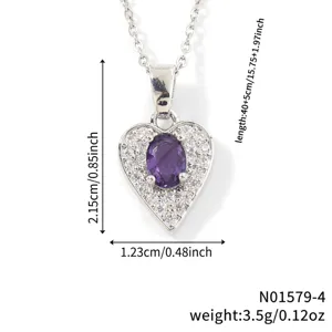 Detail view of heart-shaped amethyst necklace with size measurements in cm and inch