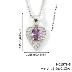 Silver-tone heart necklace with purple oval gemstone and clear cubic zirconia halo