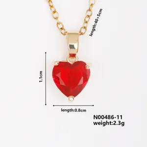 Red heart zirconia pendant necklace detail with gold chain and dimension annotations