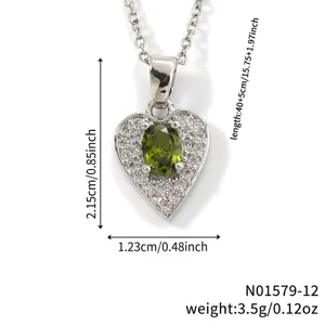 Measurement details of heart-shaped necklace with green zircon and silver chain