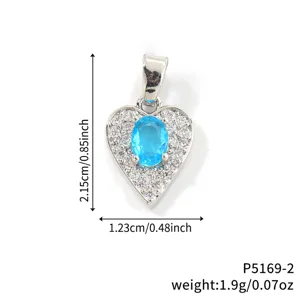 Detailed size guide for heart-shaped pendant with blue gemstone and zircon