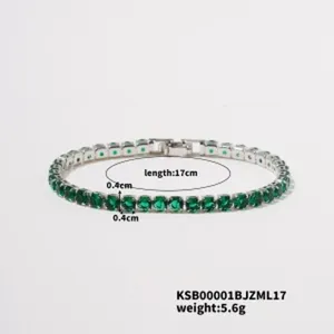 Green rhinestone tennis bracelet detail view showing length and width dimensions clearly.