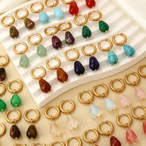 Elegant waterdrop gemstone hoop earrings set featuring diverse colorful teardrop stone charms.