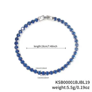 Detailed view of lake blue pavé rhinestone tennis bracelet, lightweight luxury style, length 19cm.