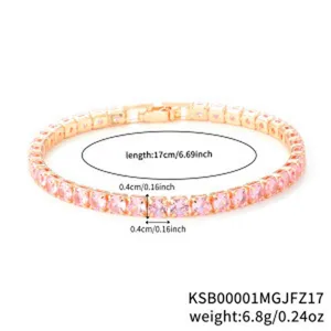 Pink crystal tennis bracelet detail view, elegant rose gold plated cubic zirconia link chain.