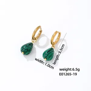 Green malachite teardrop pendant gold hoop earrings detailed view showcasing fine texture.