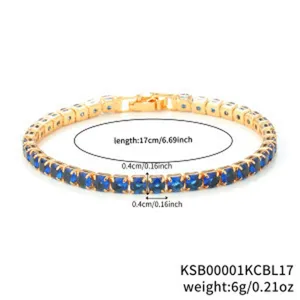 Lake blue rhinestone tennis bracelet detail view, elegant gold jewelry accessory for women.