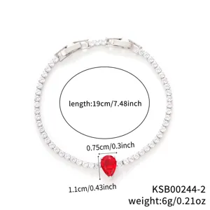 Detailed view of silver-tone bracelet with red teardrop zircon and size measurements