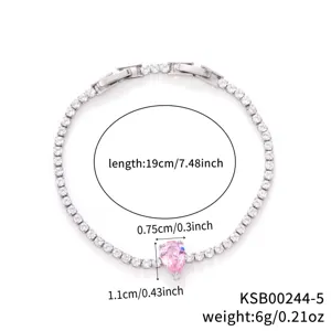 Elegant silver bracelet with white cubic zirconia and a pink pear-shaped gemstone