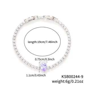 Detailed view of women's zircon tennis bracelet with dimensions and purple pear stone