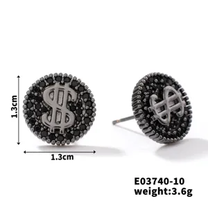 Schwarze Metall Dollarzeichen Ohrstecker, Kupfer Zirkonia, 1.3cm Größe, 3.6g Gewicht
