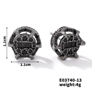 Kupfer schwarze Zirkon Ohrstecker, geometrisches hohles runder Design, elegante Schmuck.