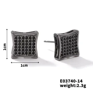 Schwarze Zirkonia quadratische Ohrstecker, cooler Kupfer Schmuck für Damen und Herren.