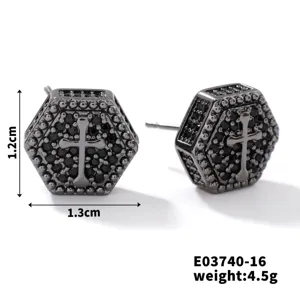 Schwarze Zirkon Sechseck Kreuz Ohrstecker Punk Gothic Schmuck für Damen Herren 1.2x1.3cm