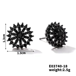 Schwarze Zirkonia Ohrstecker, cooler Sonnenblumen Stil, 1.3cm Kupfer Ohrschmuck.