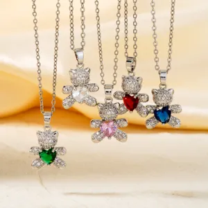 Micro Zirconia Bear Heart Pendant Necklace For Women Copper Gold Plated Cute Sweet Clavicle Chain Fashion Jewelry