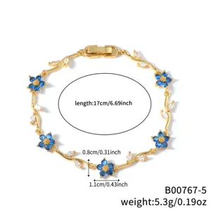 Gold-plated flower zircon bracelet detail view featuring blue crystal charms and size info.