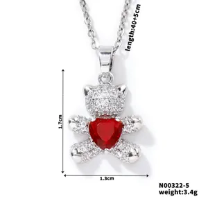 Detailed measurements of the pavé teddy bear necklace with a red heart-shaped zircon pendant
