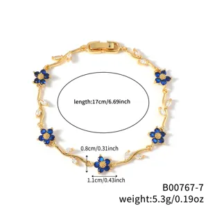 Gold plated blue zircon floral bracelet for women, elegant daily wear fashion jewelry 17cm