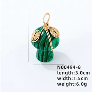 Macro view of wire wrapped green malachite mushroom pendant with size specifications