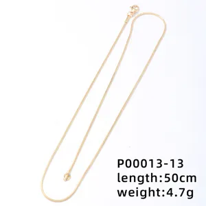 Macro view of a 50cm gold-toned snake chain necklace showing weight and length.