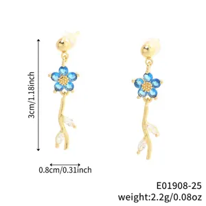 Detaillierte Ansicht blauer Zirkon-Blumenohrringe mit Größen- und Gewichtsangaben.