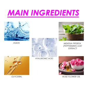 Principaux ingrédients du soin féminin avec aqua, huile de rose et acide hyaluronique