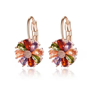 Elegant multi-colored zircon flower leverback earrings with rose gold finish for women
