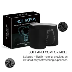 Men's black prostate soothing boxer briefs detail showing milk silk fabric and packaging.