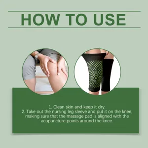 Detail view showing knee sleeve usage instructions with massage points and ergonomic fit features.