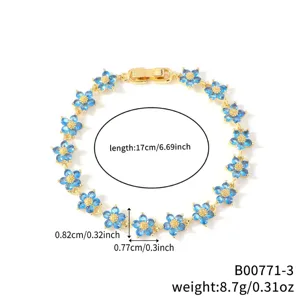 Bracciale in rame placcato oro con fiori di zircone blu e dimensioni dettagliate