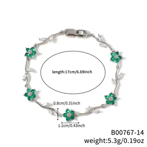 Silver floral zircon bracelet detail shot, elegant green crystal leaf design, 17cm.