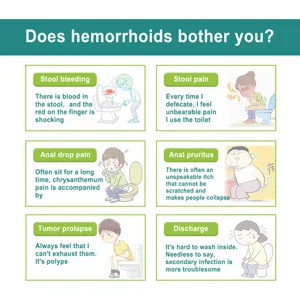 Hemorrhoid symptom guide infographic showing stool bleeding pain and swelling relief details.