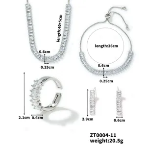 Conjunto de joyas de circonita plateada con collar, pulsera, pendientes y anillo ajustable