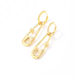 Fashionable 16K gold safety pin hoop earrings with sparkling cubic zirconia stones