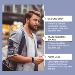 Bracciale smart sportivo da uomo con cinturino in silicone morbido e cassa in lega.