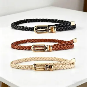 Women thin braided belt set with gold metal buckle elegant dress waist strap accessories