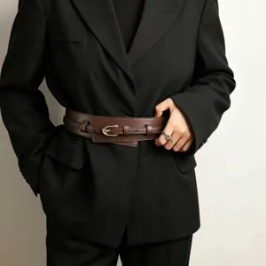 French retro wide leather belt for women, stylish double ring design, perfect for blazers and coats.